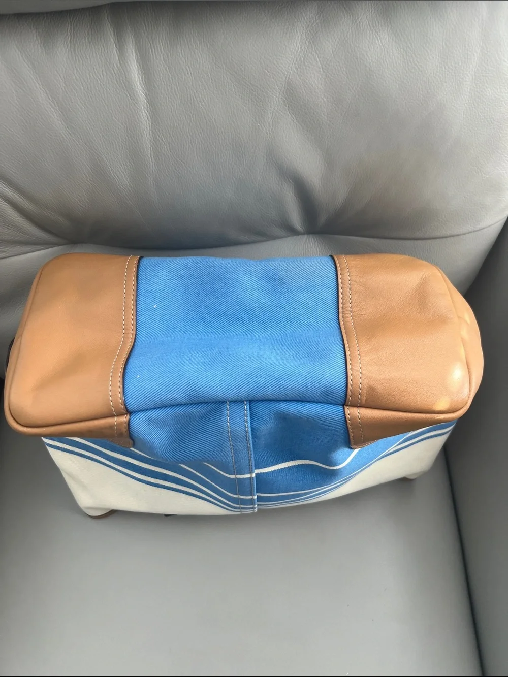 Coach Hadley Variegated Canvas Stripe Tote in Cream, Blue & Brown Leather